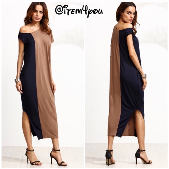 Dresses & Skirts - Two tone one shoulder color block split dress